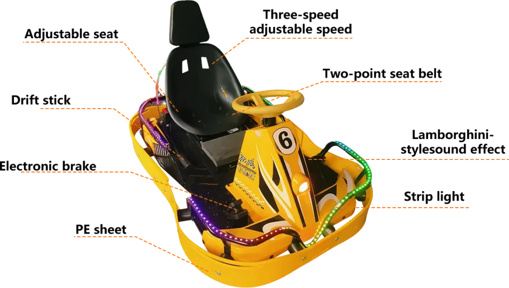 Drift go-kart detailed specifications with drift stick, adjustable speed and LED strip light