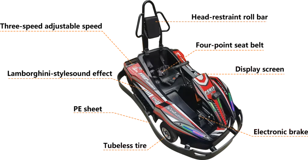 Adult electric go-kart specs diagram with roll bar and electronic brake